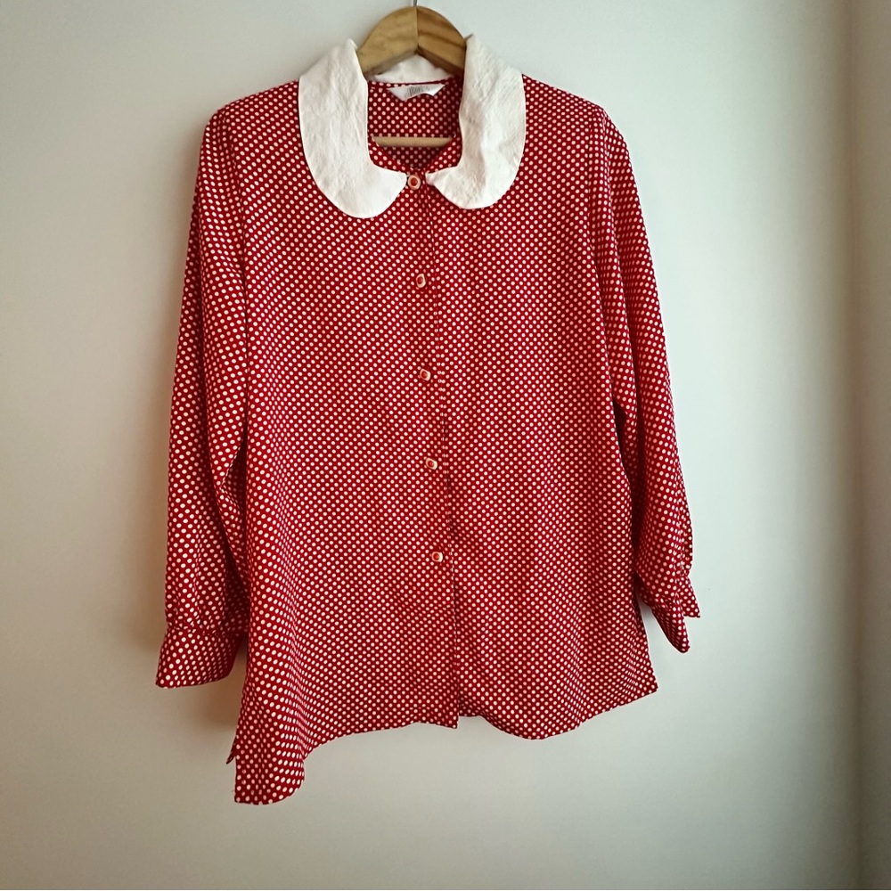 Vintage Red White Polka Dot Blouse with White Collar